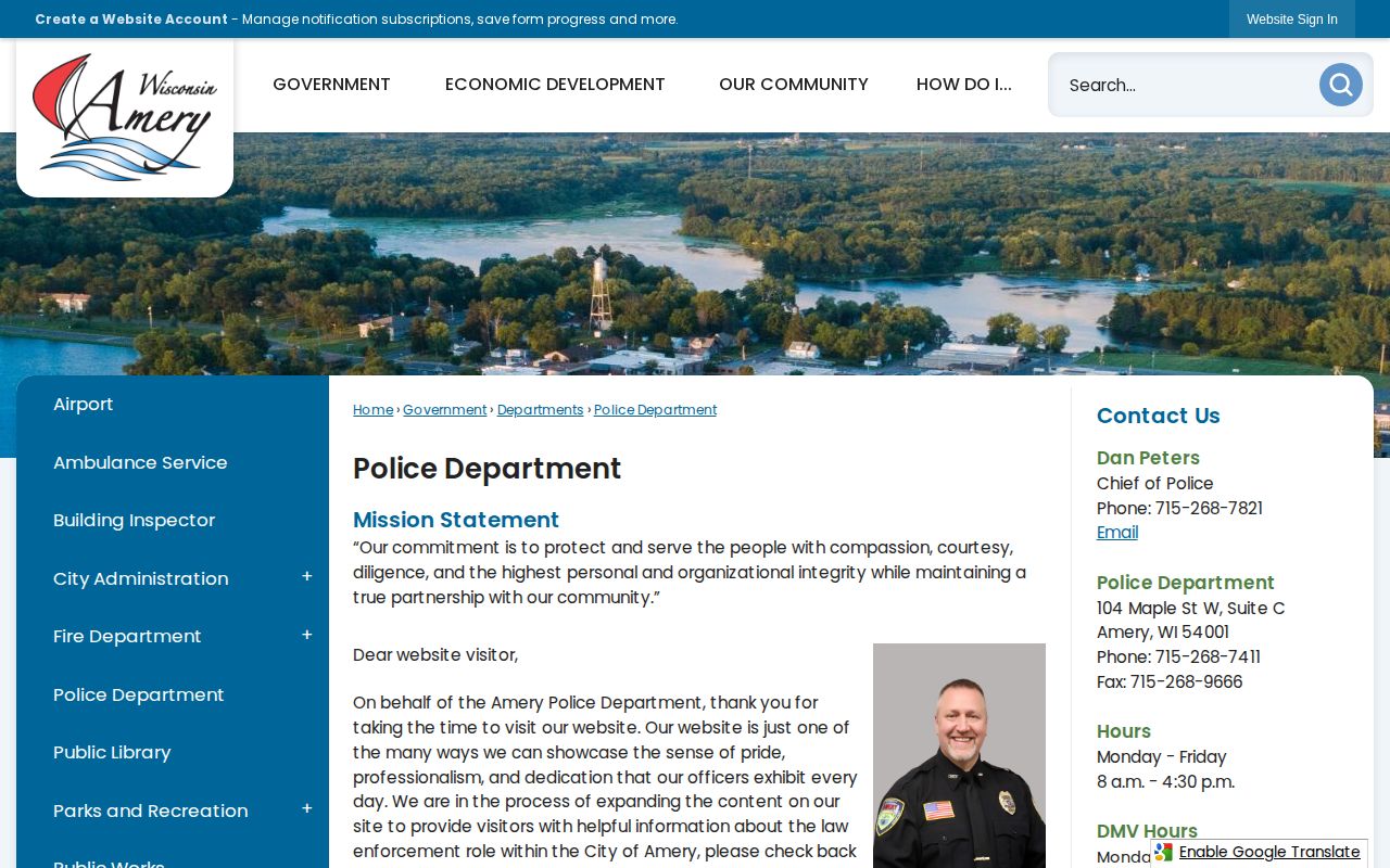 Amery Police Department official page for Amery arrest-record requests