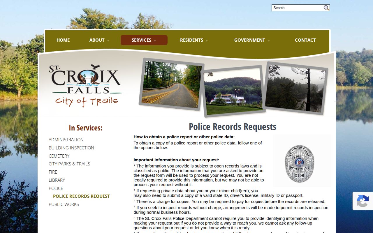 St. Croix Falls Police Records Request form for city arrest records